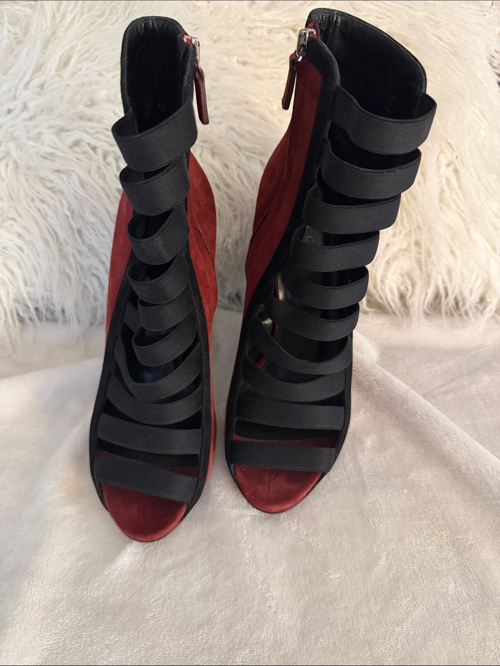 Gucci Black Strappy & Burgundy Suede Peep-Toe Heels
